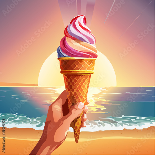 Hand holding colorful ice cream cone against sunset backdrop over ocean waves, creating a vibrant summer atmosphere with warm hues and refreshing vibes