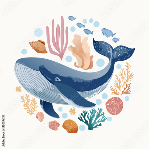 Watercolor illustration of Whale surrounded by corals, seaweed, shells, and bubbles. Drawing of marine animal for childish nursery posters or wall art. Art for baby greeting cards or invitations