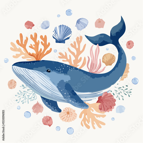 Watercolor illustration of Whale surrounded by corals, seaweed, shells, and bubbles. Drawing of marine animal for childish nursery posters or wall art. Art for baby greeting cards or invitations