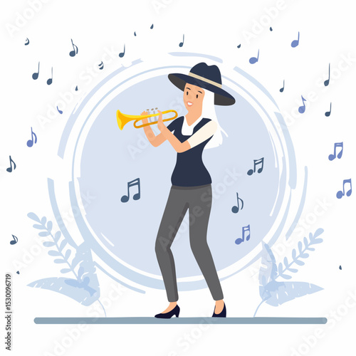 Flat vector illustration of a jazz musician wearing a fedora, playing a trumpet passionately on stage, with music notes and a spotlight
