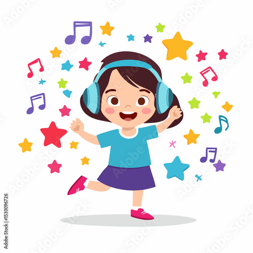 Flat cartoon vector of a child dancing playfully with headphones on, surrounded by floating music notes, stars, and vibrant colors