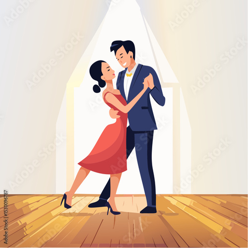 Flat vector design of a man and woman performing a tango on a wooden dance floor, spotlight shining on them with dramatic shadows