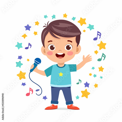 Flat vector cartoon of a child singing joyfully into a toy mic, with stars and musical symbols around — fun and playful design