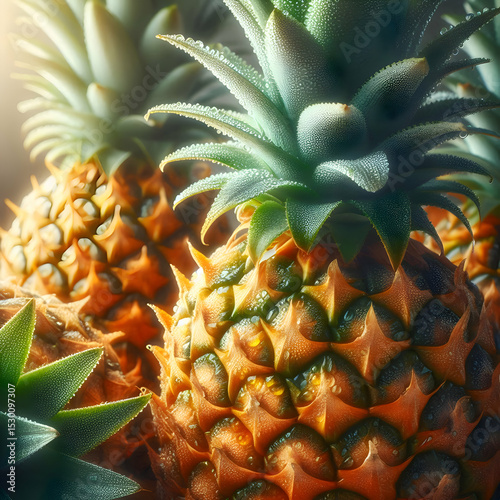 Close-up of fresh pineapples with water droplets, natural soft light, macro detail, ultra-realistic, refreshing and juicy appearance 