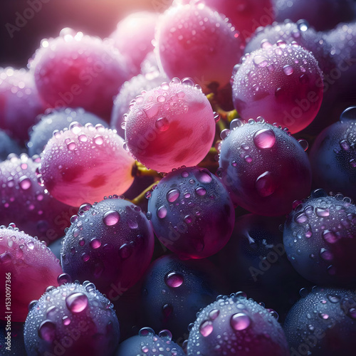  Close-up of fresh purple grapes with water droplets, natural soft light, macro detail, ultra-realistic, refreshing and juicy appearance