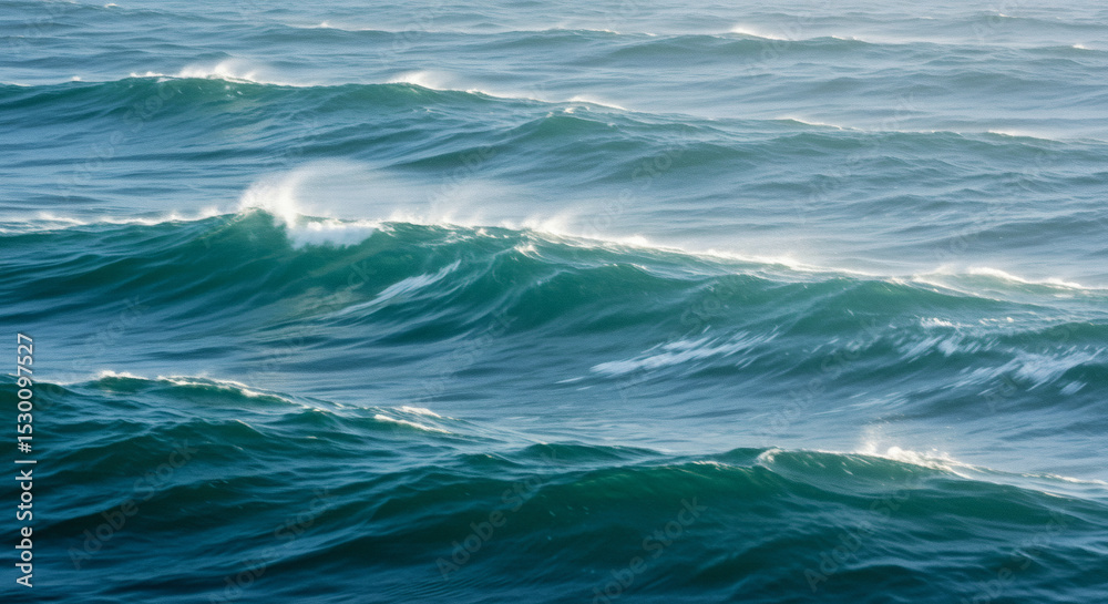 Fototapeta premium Powerful, deep blue ocean waves with whitecaps cresting in the wind. A dynamic and natural background showing the raw energy of the sea. 