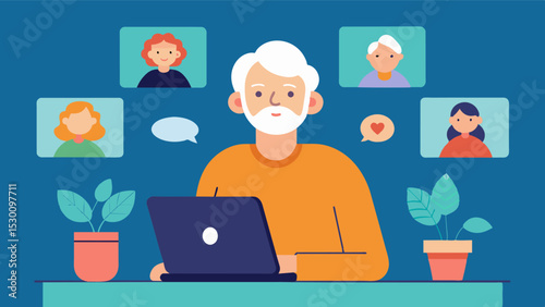An elderly individual living alone is able to use video calling to regularly connect with their children and grandchildren reducing feelings of isolation and loneliness.. Vector illustration