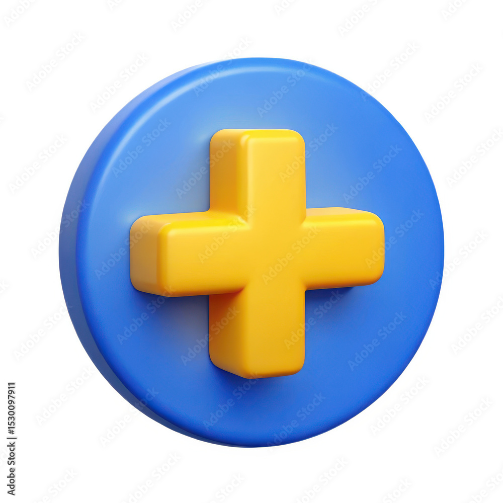Obraz premium 3d yellow plus sign on blue circle isolated on white background