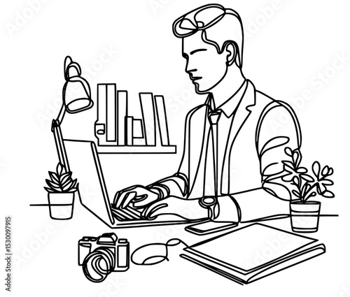 Office Life in Black and White, A businessman deeply immersed in work