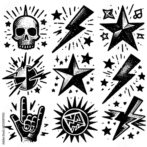 Rock and Roll Symbols, A rock and roll inspired graphic set featuring skulls, stars, and lightning bolts