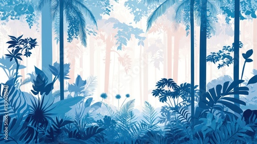 Fototapeta Naklejka Na Ścianę i Meble -  Lush, vibrant, blue-toned tropical forest scene