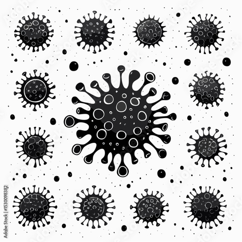 Black and white vector illustration of various coronavirus particles on a white background