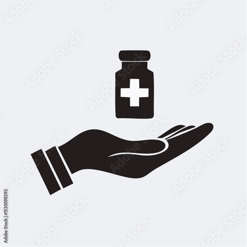 Black hand holding a medicine bottle with a white cross, medical vector illustration