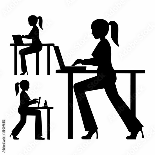 Silhouette illustrations of women working on laptops at desks in various poses