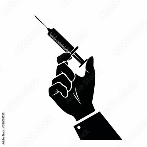 Silhouette of a hand holding a syringe ready for injection on a white background