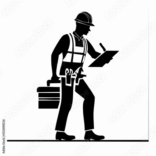 Silhouette of a construction worker with a toolbox and clipboard taking notes