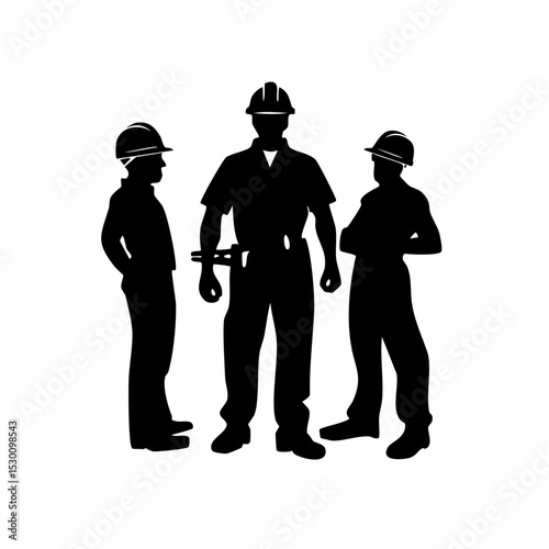 Silhouette of construction workers standing together, wearing hard hats, and tools