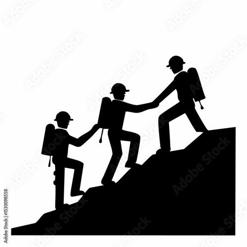 Silhouette of three people climbing a mountain helping each other to achieve goals