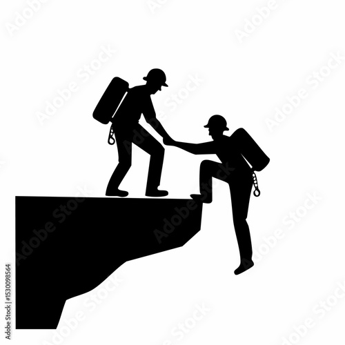 Silhouette of two climbers helping each other ascend a cliff face together