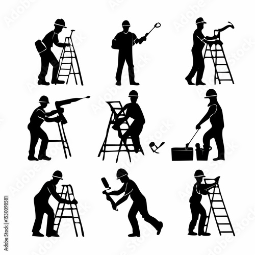 Silhouetted construction workers in various poses performing different tasks with tools