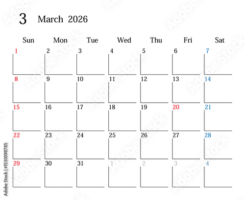2026年3月、日本のカレンダー
