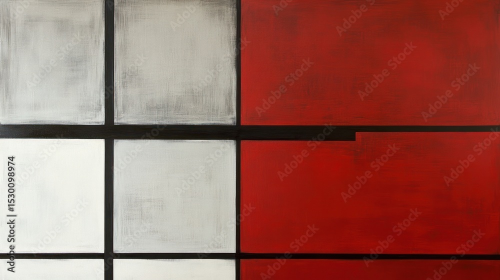 Fototapeta premium Abstract geometric composition in shades of red, grey, and white, divided by black lines