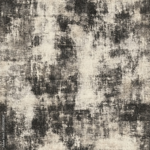 A highly detailed seamless tileable texture of a distressed and grunge fabric or textile surface in black and white, featuring a worn, abstract, and textured appearance.