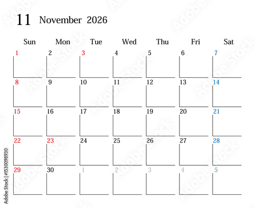 2026年11月、日本のカレンダー