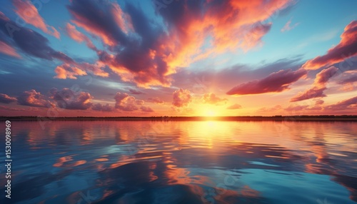 The sunset lights up the sky and water with fiery and peaceful colors. A quiet moment on the edge of day and night.