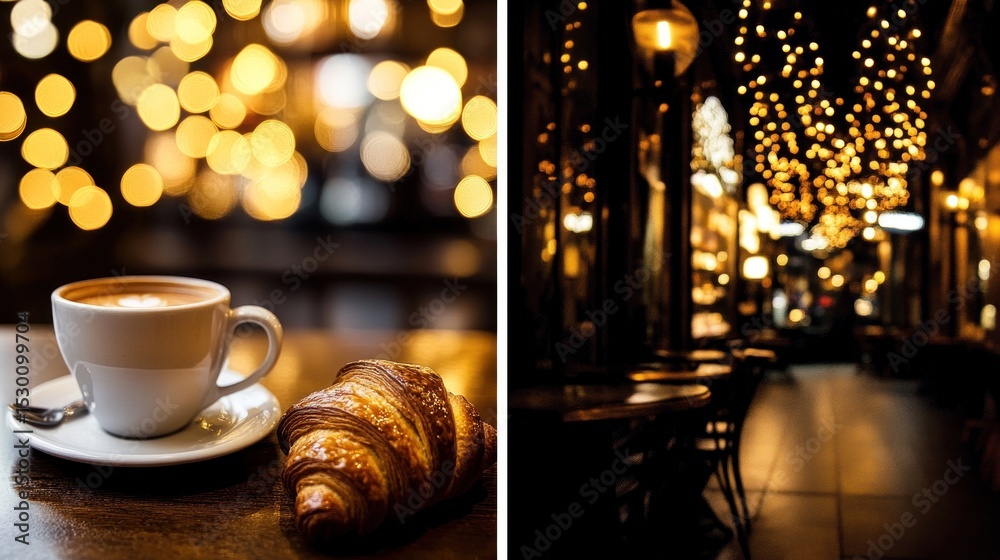 Obraz premium Two-panel image of a coffee cup and croissant on a table, blurred background of a cafe at night