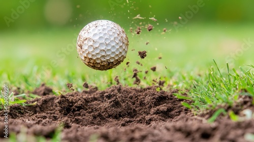Grass divot flying mid-air after shot, freeze-frame of golf game power