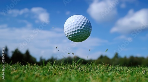 Grass divot flying mid-air after shot, freeze-frame of golf game power