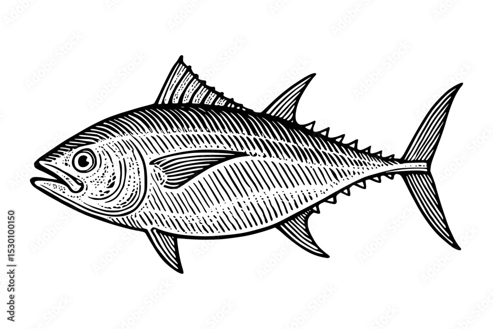 Fototapeta premium Tuna Fish Side View Vintage Engraving Vector Illustration