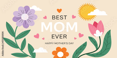 Spring summer cute card, cover, banner or poster for spring or summer holiday with wildflowers, daisies, tulips. Hand drawn Floral art template for Mothers Day greetings, ads, sales