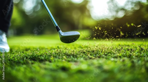 Iron club completing a swing near ground, divot and grass flying in crisp detail