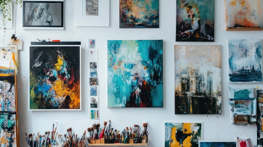 Obraz premium Art studio wall filled with diverse paintings and prints