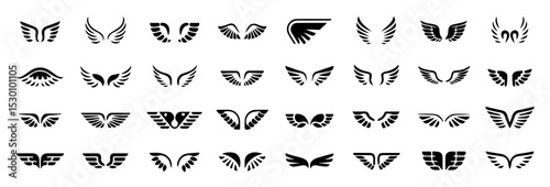 Set of black and white stylized wing icons in various symmetrical designs, arranged in a grid on a white background, featuring abstract, angelic, and geometric wing shapes for creative use.