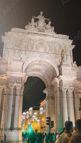Rua Augusta Arch in Lisbon Illuminated at Night with Holiday Decorations