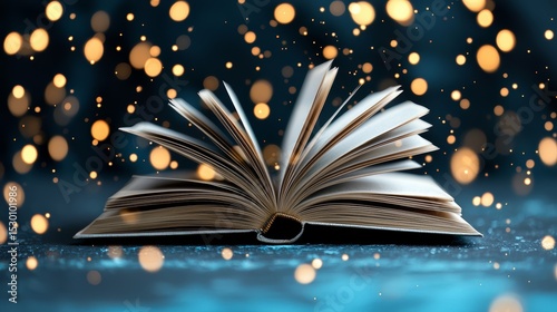 Book is open to a page with a bright light shining on it. The light is creating a sparkling effect around the book, making it look like it's glowing. The scene gives off a warm and inviting feeling