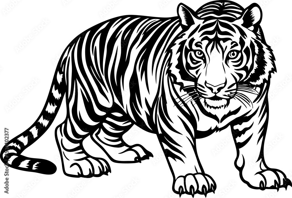 tiger vector illustration. A tiger crouching in a hunting pose, isolated on a white background tiger vector illustration. A tiger crouching in a hunting pose, isolated on a white background