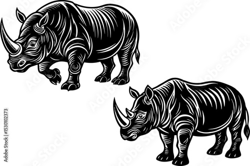 Rhinos. Silhouette of rhinos and baby rhinoceros. Animal Family. Isolated. Vector illustration