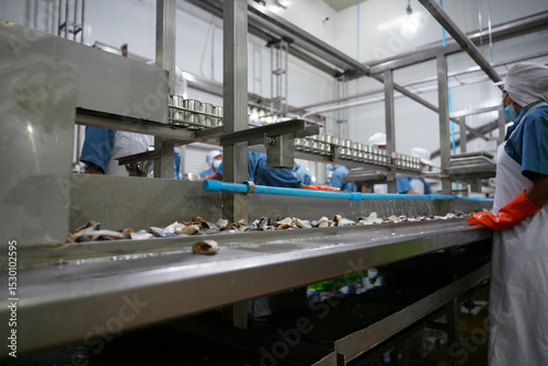 Workers process seafood in a bustling production facility during the day