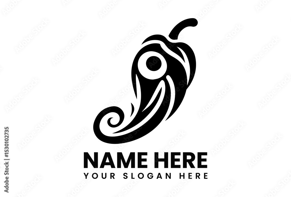 Fototapeta premium Modern black vector chili pepper logo with dynamic swirling lines representing spice and heat