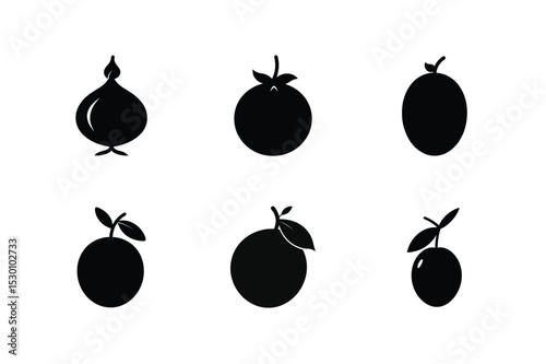 Minimalist fruit shapes in black silhouette collection set vector illustration.