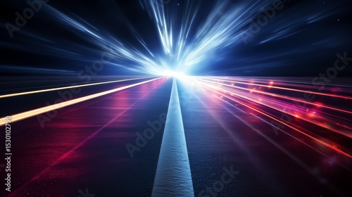 Fototapeta Naklejka Na Ścianę i Meble -  Bright light is shining on a road. The light is so bright that it is almost blinding. The road is empty, and there are no cars or people in the scene