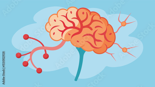 Illustration of a brain with multiple sclerosis exhibiting damage to the myelin sheath and resulting in impaired nerve communication.. Vector illustration