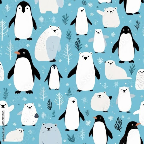 Adorable Arctic Animals Seamless Pattern Penguins, Polar Bears, and Seals