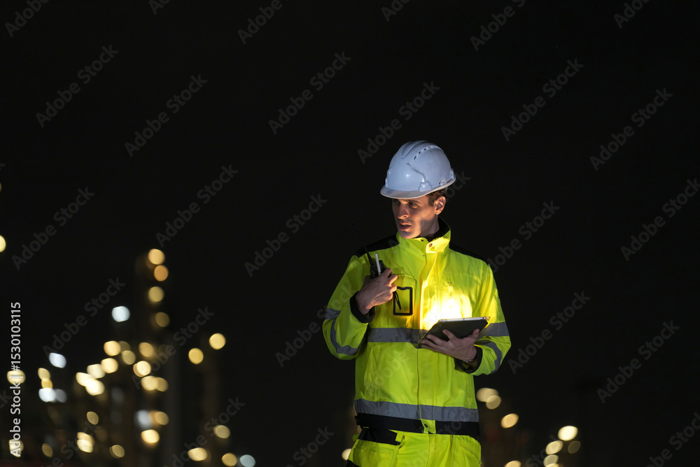 Fototapeta premium Construction worker checking data at night in a brightly lit industrial area