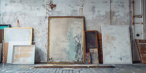 Assorted Artwork and Empty Frames Leaning Against a Textured Wall in Artist’s Studio