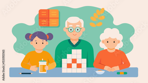 An illustration of an older individual doing a crossword puzzle with their grandchildren and taking brain health supplements promoting intergenerational activities for brain health. Vector